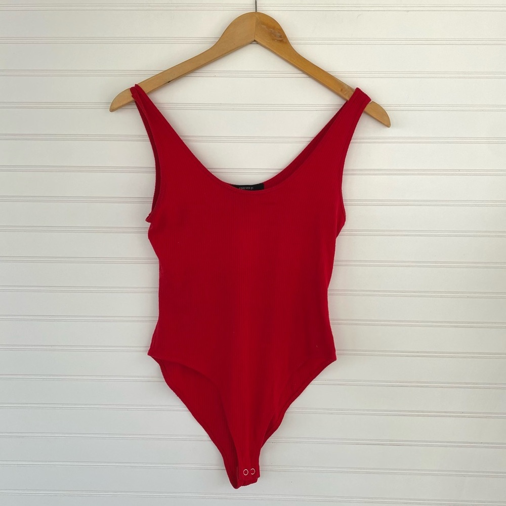 Forever 21 Red Ribbed Tank Bodysuit Size M